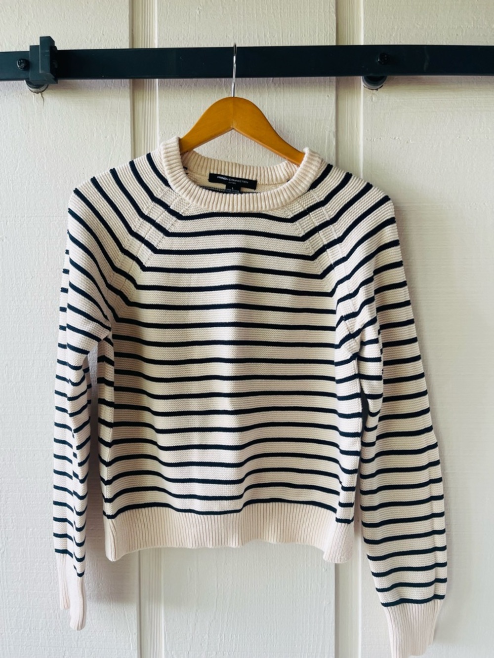 French Connection Cream and Black Striped Crewneck Sweater